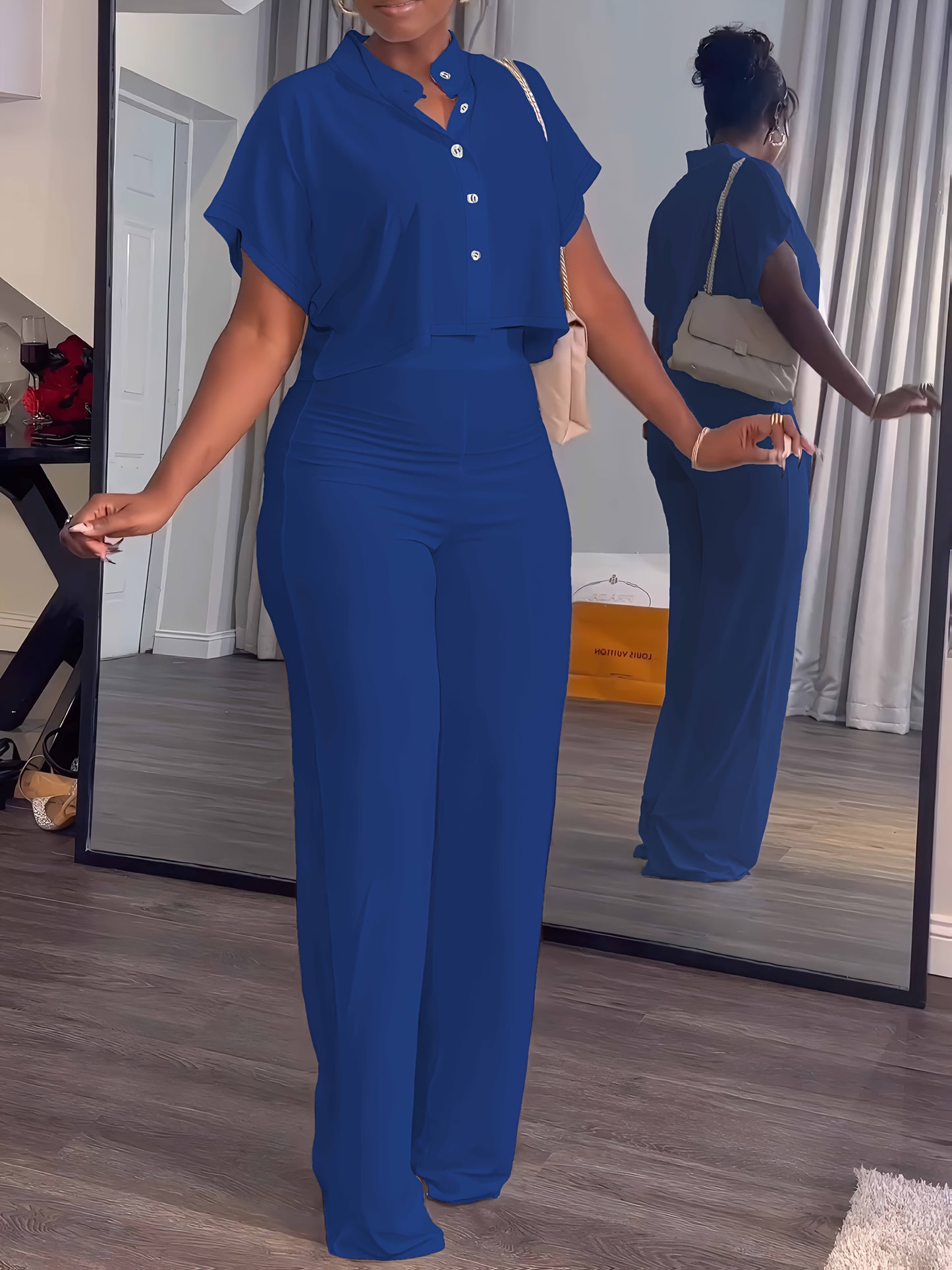 [Summer|Casual] 2pcs Women's Summer Casual | Short Sleeve Button Crop Top Wide Leg Long Pant Lounge Sets