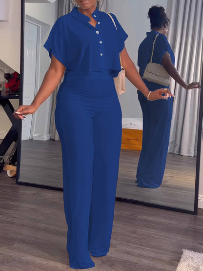 [Summer|Casual] 2pcs Women's Summer Casual | Short Sleeve Button Crop Top Wide Leg Long Pant Lounge Sets