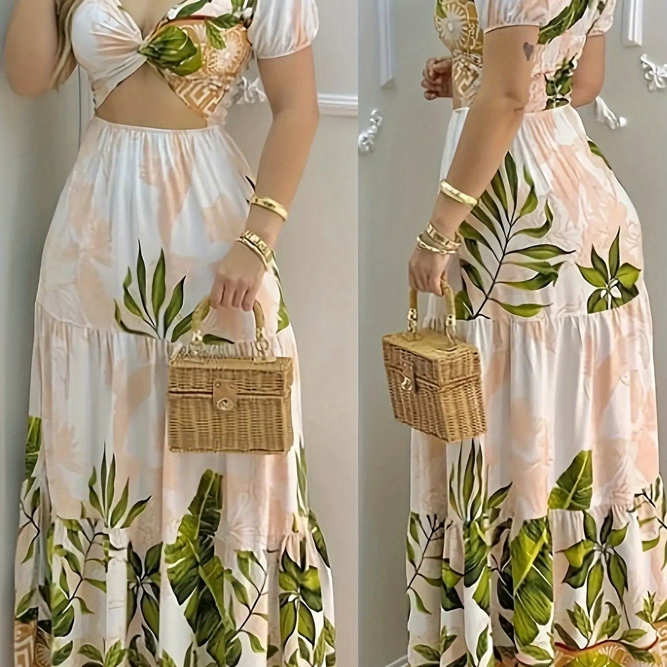 Women'S Sexy Off-Shoulder Party dress - Floral print in Beige/White/ Green/, A-Line Formal & casual event gown for Beach, Nightclub, Everyday Outfits - Elegant Evening Dress, Beach Dresses, Nightclub Attire, Crossback Straps,