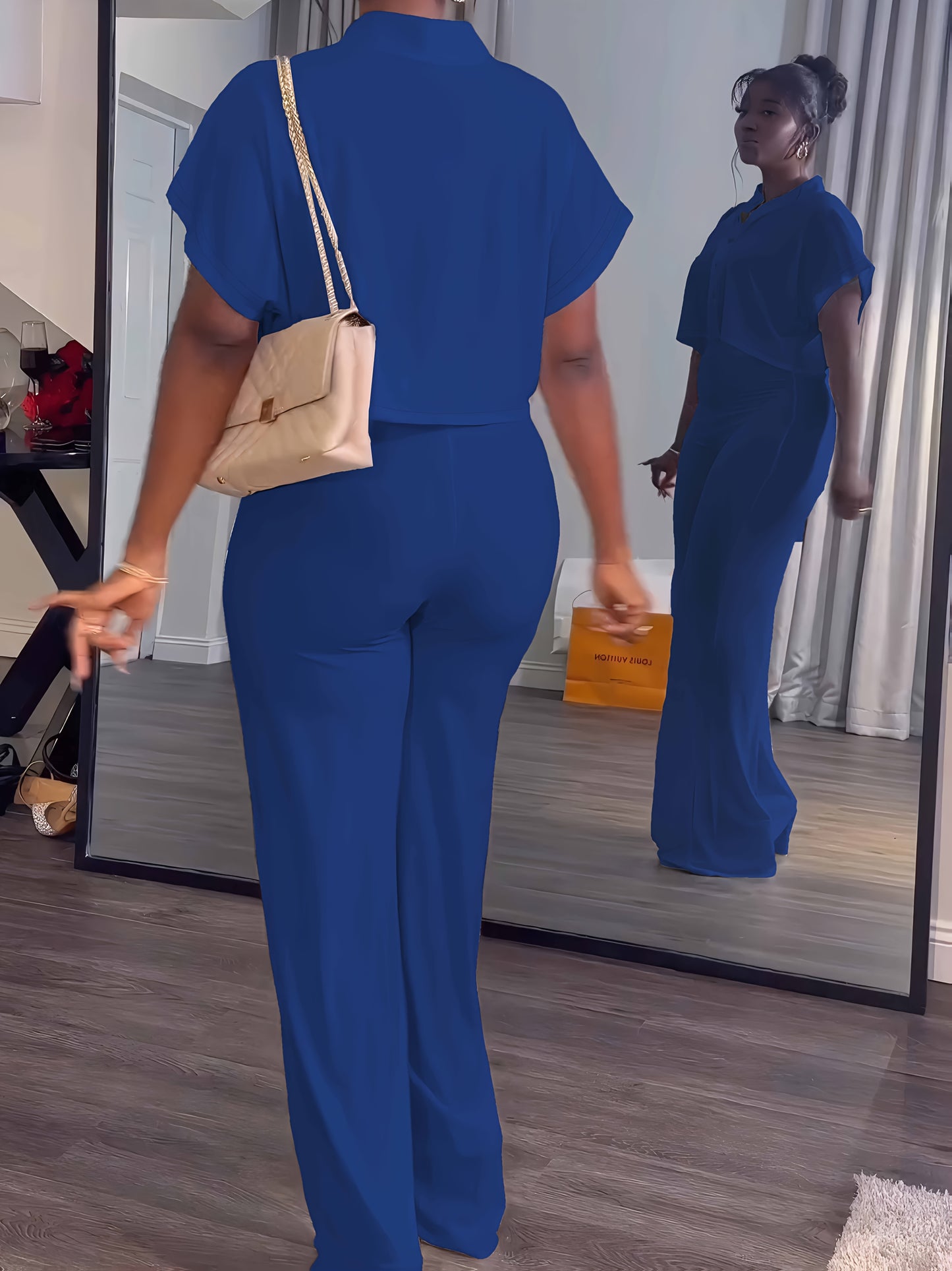 [Summer|Casual] 2pcs Women's Summer Casual | Short Sleeve Button Crop Top Wide Leg Long Pant Lounge Sets