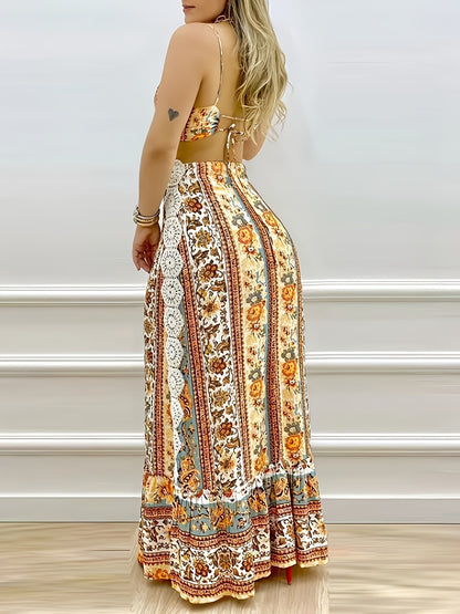 Women'S Elegant Backless Maxi Dress - Sexy Bohemian Floral Print in Orange/Beige/White/Black/Blue/ - Adjustable Drawstring Waist - Formal & Casual Party Wedding Outfit - Lightweight Summer Dress for Women, Dresses for Wedding