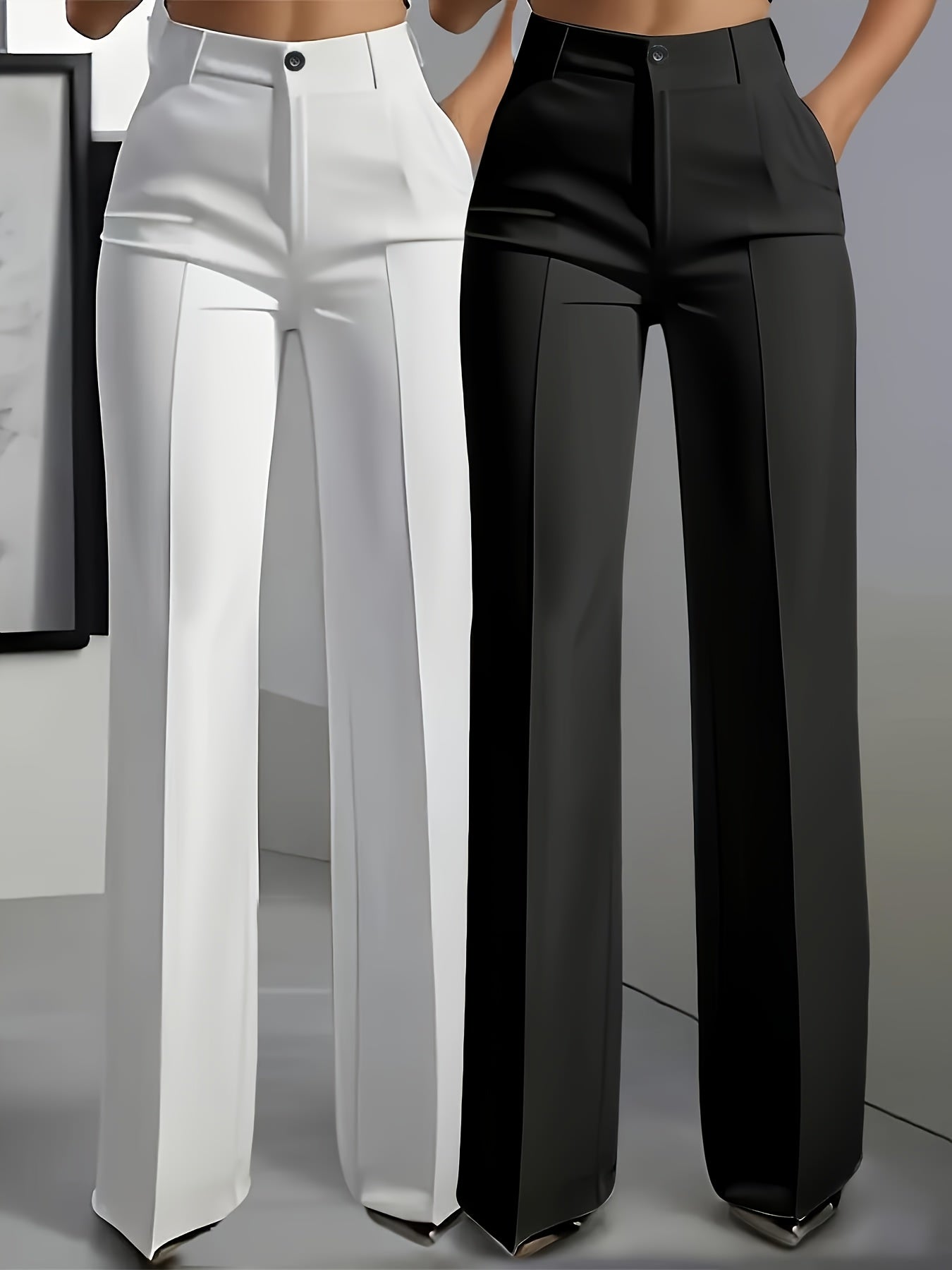 Set of Two Elegant Solid Color Straight-Leg Pants for Women with Slant Pockets.