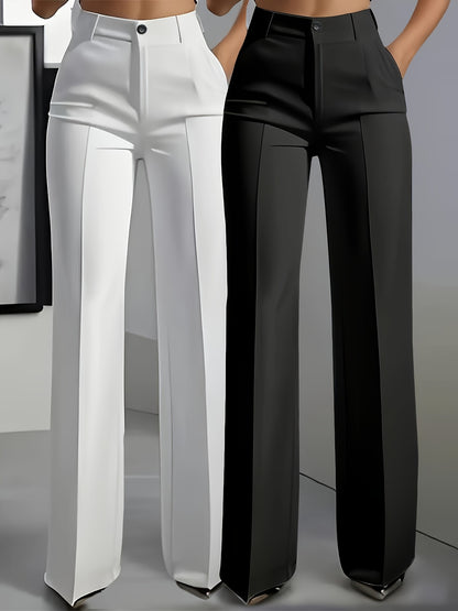 Set of Two Elegant Solid Color Straight-Leg Pants for Women with Slant Pockets.