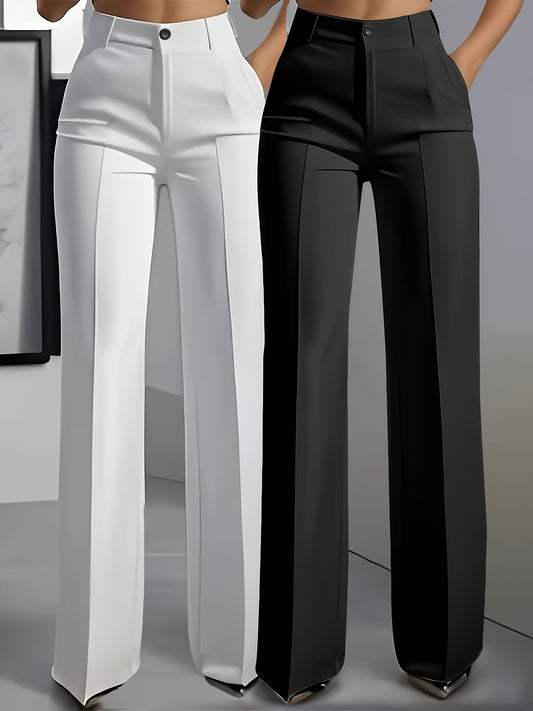 Set of Two Elegant Solid Color Straight-Leg Pants for Women with Slant Pockets.