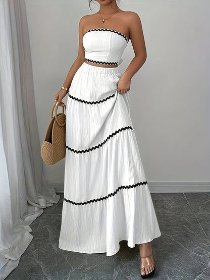23246-0 Women'S Black and White Striped Maxi Skirt Set - Sleeveless, Tie-Back Detail, Casual Style, All-Season Wear, Casual Attire|Striped Skirt|Polyester Fabric
