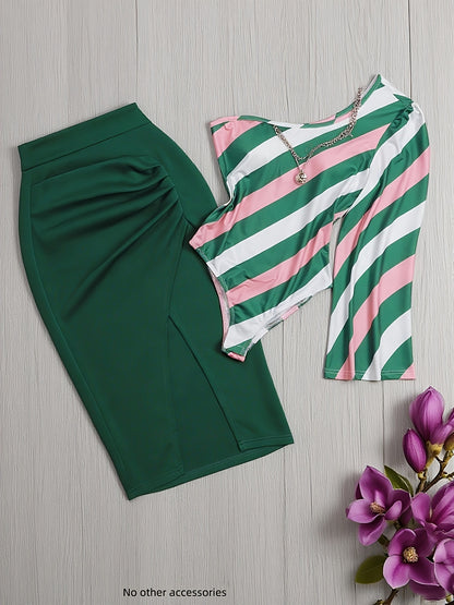 2pcs Striped Top + Green Skirt Set