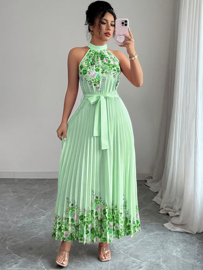 [Elegant Floral Print Dress] Women's Elegant Floral Print Sleeveless A-Line Dress - Vibrant Pink Round Neck Machine-Washable Spring/Summer Casual & Formal Wear, Floral Print Dress, No Stretch Fabric