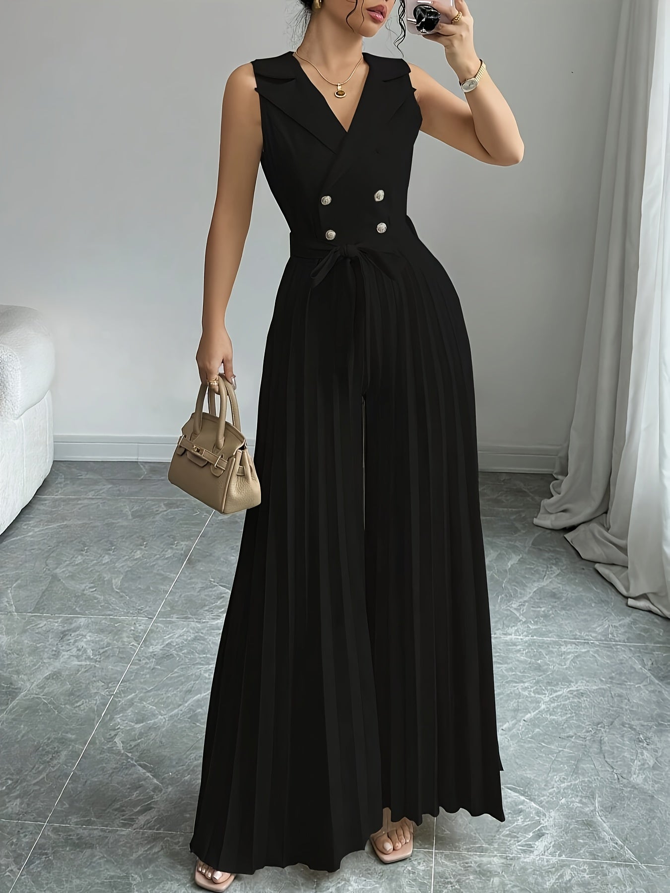 [Elegant Jumpsuit] Sleeveless Elegant Apricot Double-Breasted Pleated Jumpsuit for Women | High-Waisted, Polyester Blend, Perfect for Spring & Fall, Adult Size