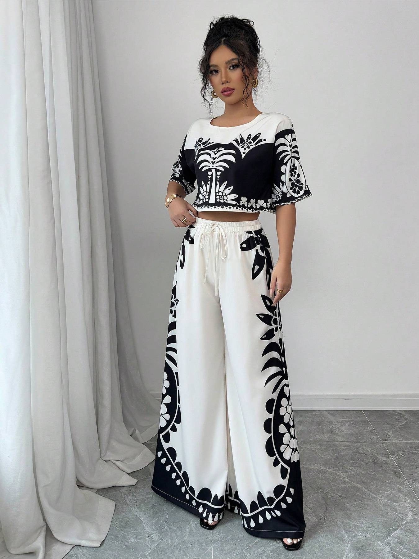 Digital Printing Positioning Floral Wide-Leg Pants Two-Piece Set