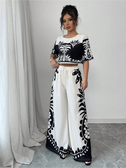 Digital Printing Positioning Floral Wide-Leg Pants Two-Piece Set