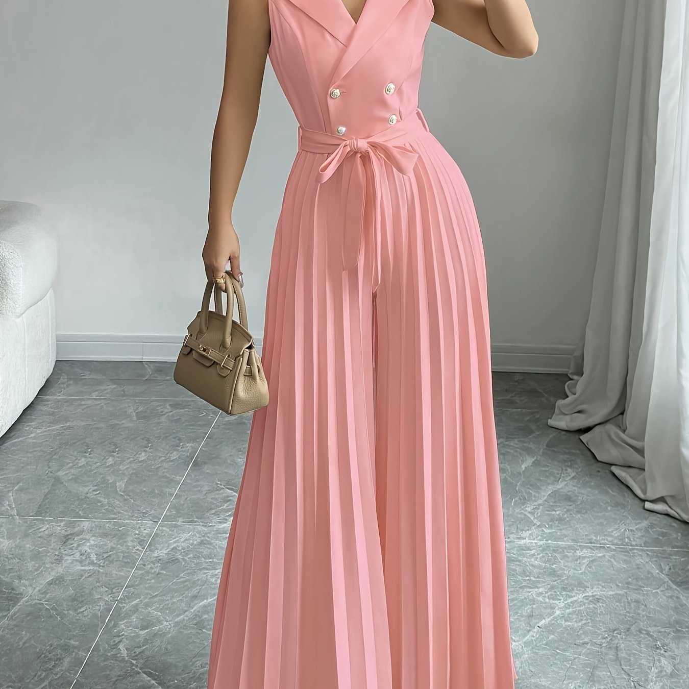 [Elegant Jumpsuit] Sleeveless Elegant Apricot Double-Breasted Pleated Jumpsuit for Women | High-Waisted, Polyester Blend, Perfect for Spring & Fall, Adult Size