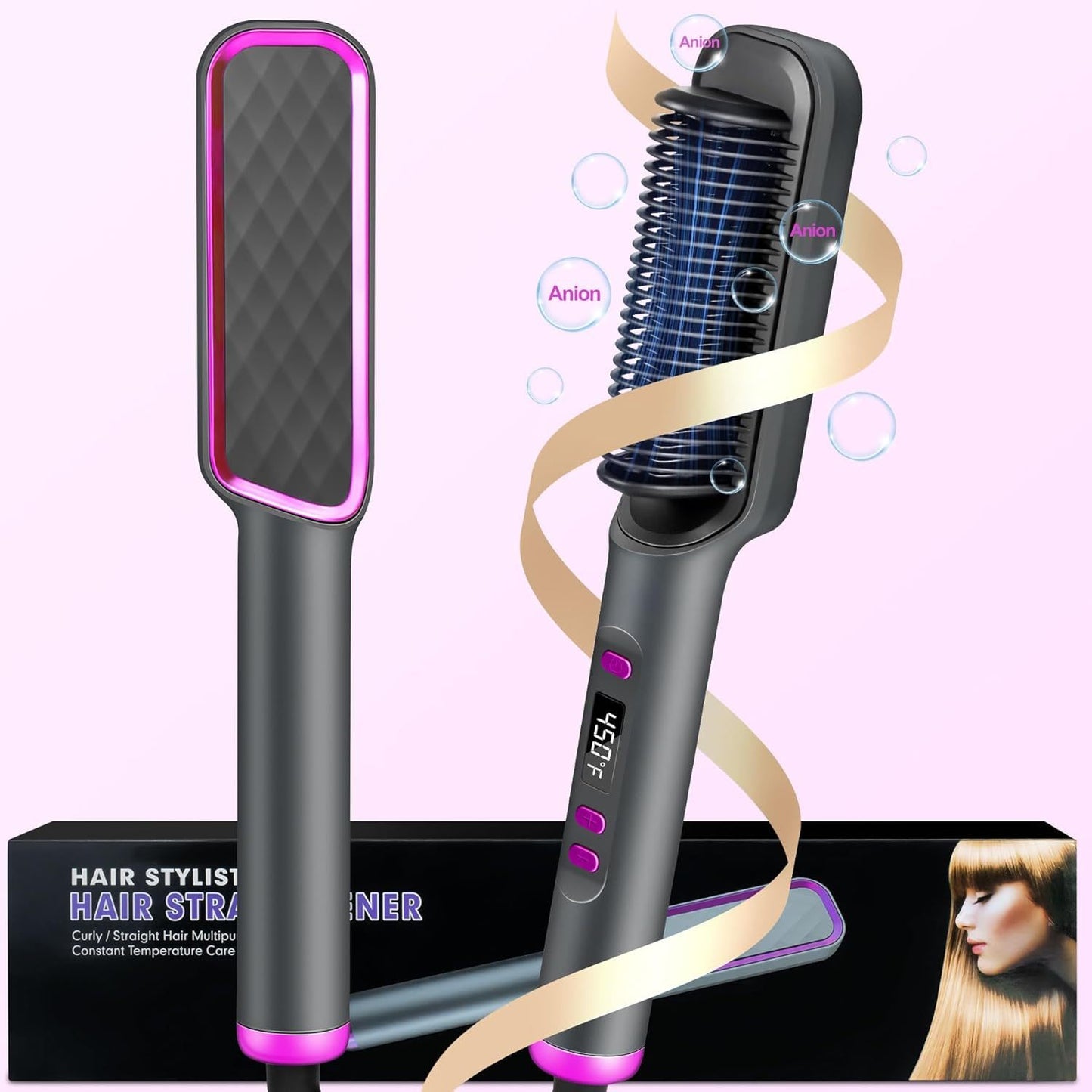 [10s Fast Hair Straightener] Fast 10s Hair Straightener Brush | LCD Display, Negative Ions, 5 Temps, Anti-Scald, Quilted Grip Design | Pink & Purple Accents, Sleek Black Finish