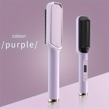 [10s Fast Hair Straightener] Fast 10s Hair Straightener Brush | LCD Display, Negative Ions, 5 Temps, Anti-Scald, Quilted Grip Design | Pink & Purple Accents, Sleek Black Finish