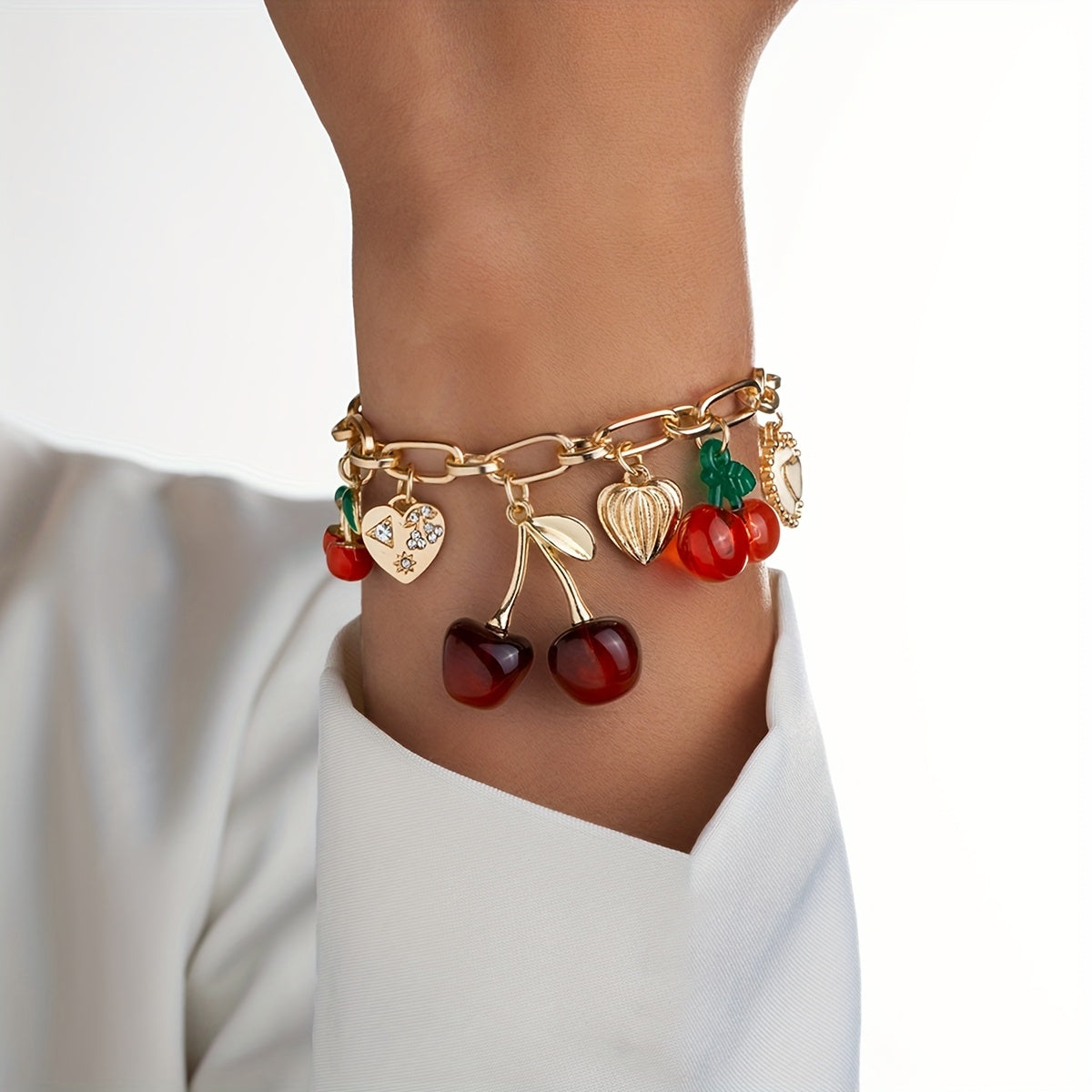 Women's Cherry Bracelet - Red & Golden-Tone Charms, Everyday & Formal Jewelry Gift for Birthdays, Anniversaries, Valentine's Day - Cute Cherry Jewelry for Women s, Cute Jewelry, Playful Design, Delicate Clasp